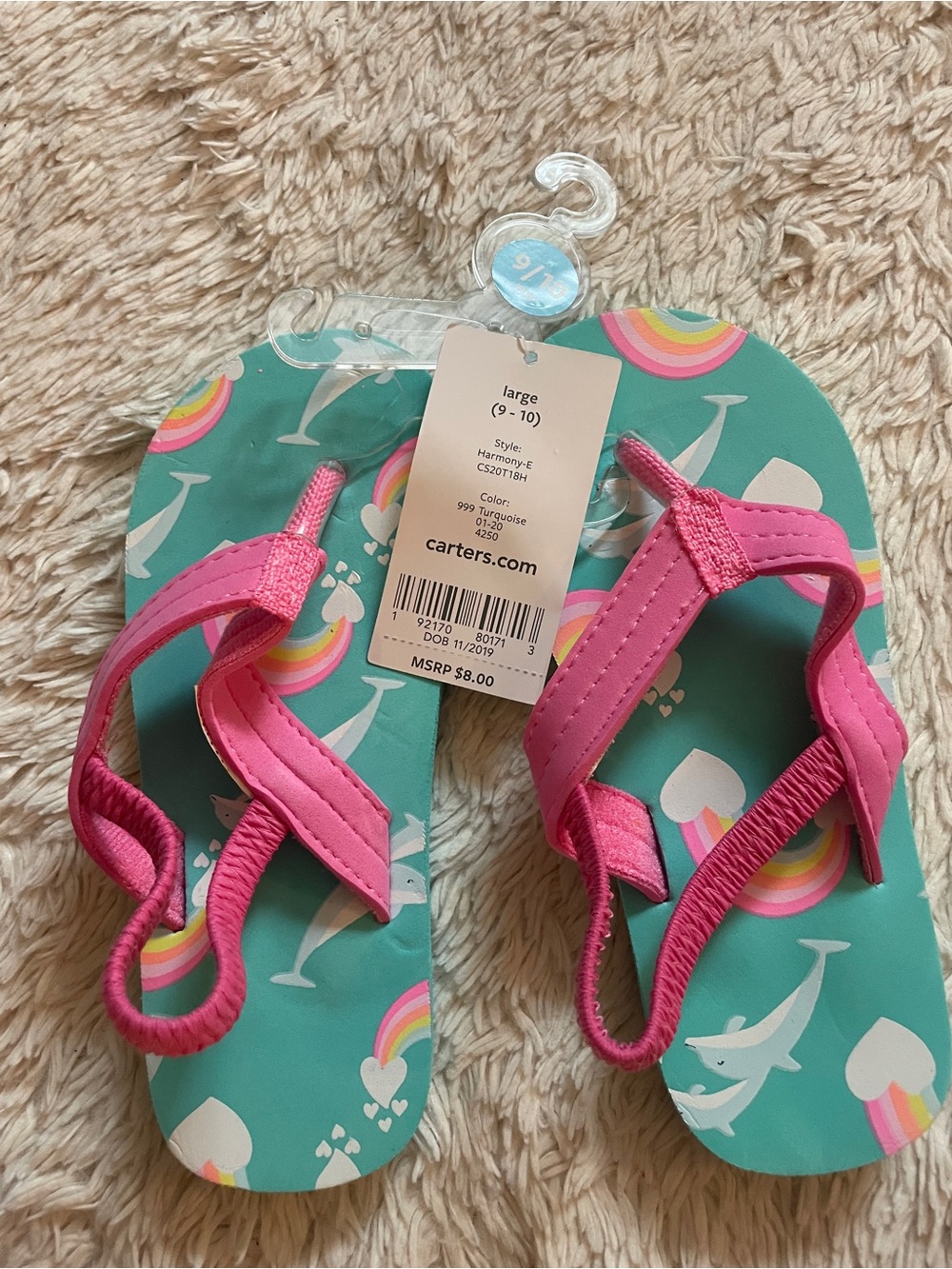 Carter's Pink Strappy Flip Flops with Teal Dolphin Print